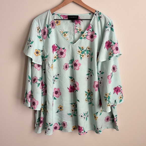 Lane Bryant Blue Floral Ruffle Sleeve V-Neck Blouse Top Size 18/20 - Picture 2 of 7